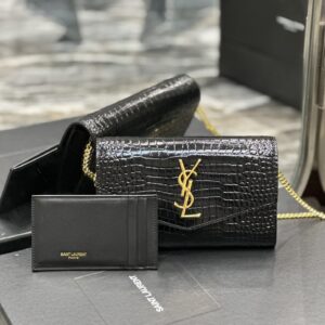 ysl crocodile pattern gold-toned metal hardware uptown chain wallet in crocodile-embossed shiny leather