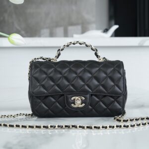 Chanel 23A Black Small Italian Imported Lambskin Crystal Handle Small Classic Handbag