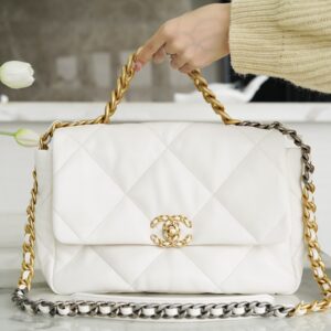 Chanel White & Gold Hardware Italian Gaiera Lambskin 19 Large Handbag