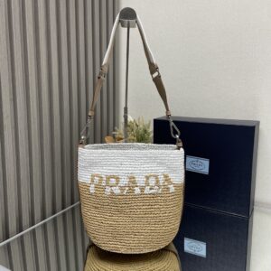 PRADA 1BE063 Raffia Bucket Bag