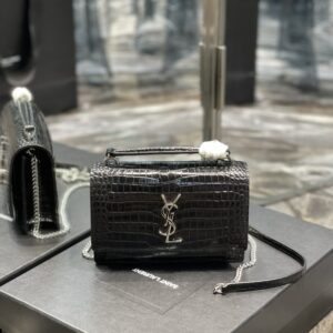 ysl black & silver hardware sunset chain wallet in crocodile-embossed shiny leather