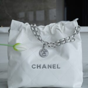 Chanel AS3260 Small White Shiny Calfskin & Silver-Tone Metal Chanel 22 Small Handbag