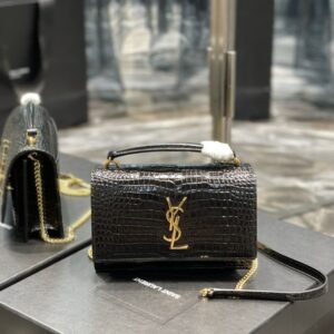 ysl black sunset chain wallet in crocodile-embossed shiny leather