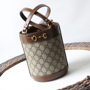 gucci 637115 horsebit buckle 1955 brand new round bucket bag with gg supreme canvas material and brown leather