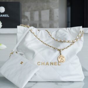 Chanel AS3261 Medium White Shiny Calfskin &Gold-Tone Metal Chanel 22 Handbag