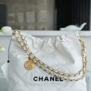 Chanel AS3260 Small White Shiny Calfskin & Gold-Tone Metal Chanel 22 Small Handbag