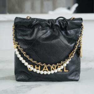 Chanel 23S Black Mini French Haas Calf Leather Pearl Chain Clause Chanel 22 Mini Handbag
