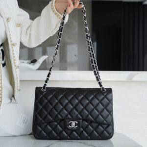 Chanel Black & Silver Hardware Italian Gaiera Lambskin Large Classic Handbag