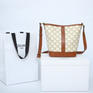 celine 191442 white small bucket in triomphe canvas and calfskin