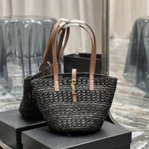 ysl medium black raffia tote bag