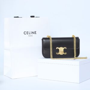 Celine 197993 Black&Gold Chain Shoulder Bag Triomphe In Shiny Calfskin