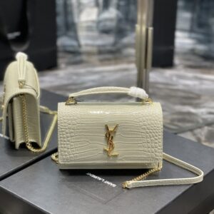 ysl white sunset chain wallet in crocodile-embossed shiny leather