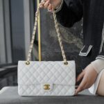 Chanel White & Gold Hardware Italian Cowhide Classic Handbag