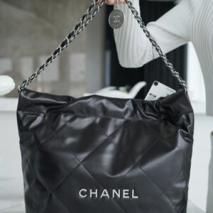 Chanel AS3260 Small Black Shiny Calfskin & Silver-Tone Metal Metal Chanel 22 Small Handbag