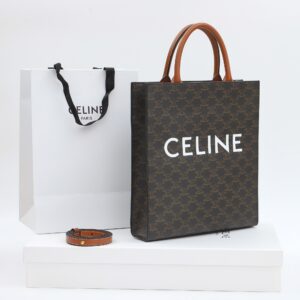 celine 191542 brown handle cabas vertical in triomphe canvas and calfskin