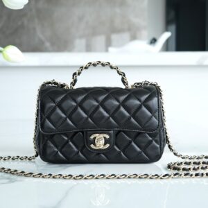 Chanel 23A Black Mini Italy Imported Lambskin Crystal Handle Mini Classic Handbag