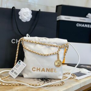 Chanel AS3980 Mini White Shiny Calfskin & Gold-Tone Metal Chanel 22 Mini Handbag