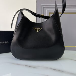 PRADA 1BC181 Black Large Leather Shoulder Bag With Topstitching