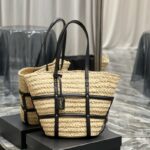 ysl panier medium raffia and smooth leather handbag