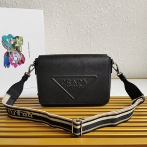 prada 2vd046 embroidered ribbon men's crossbody bag flip shoulder bag saffiano leather and inner cover imported calf leather