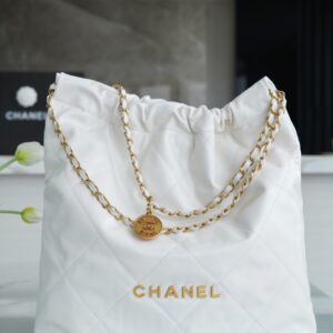 Chanel AS3262 Large White Shiny Calfskin & Gold-Tone Metal Chanel 22 Large Handbag